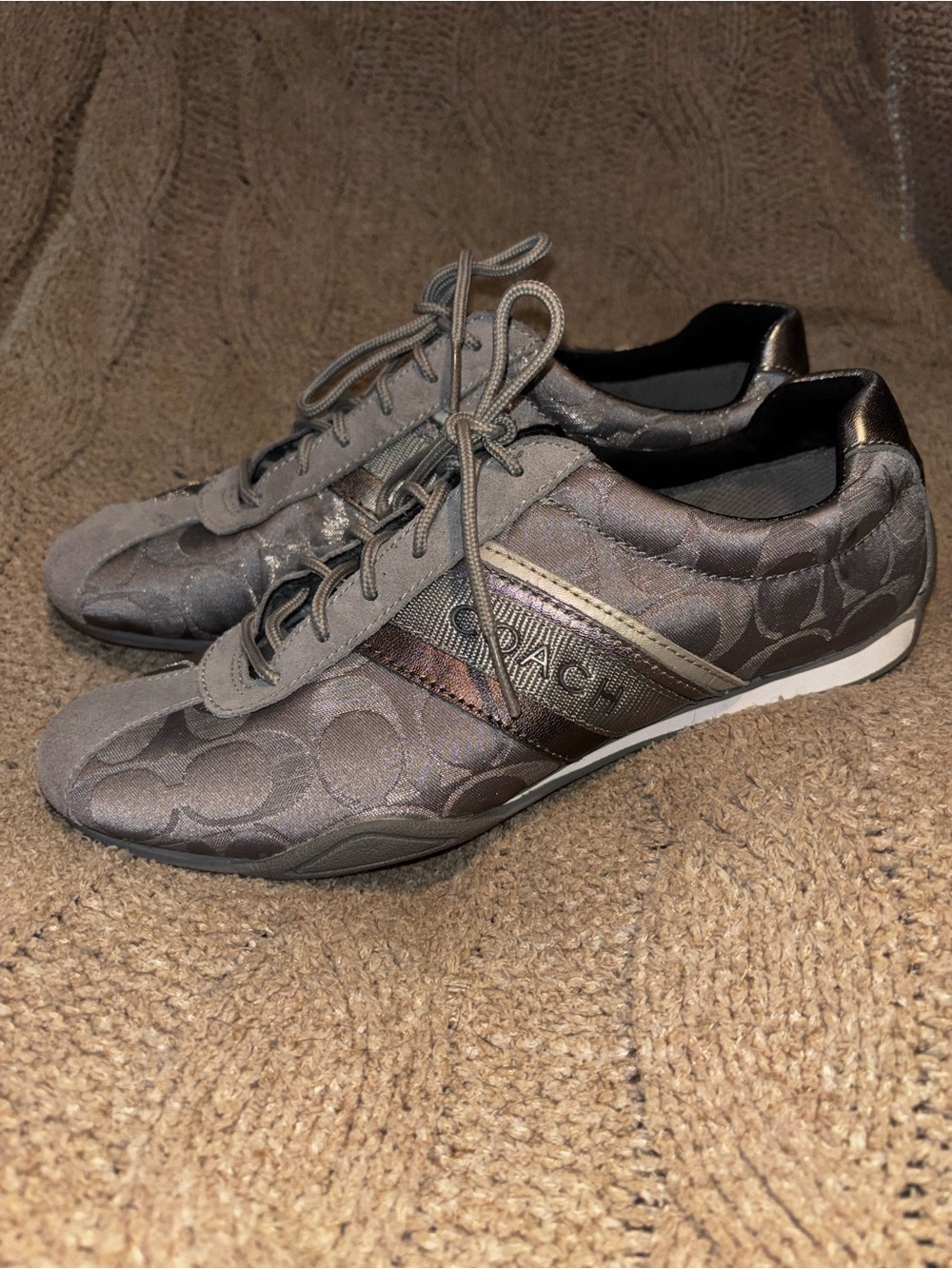 Coach Jayme Metallic Gray Signature Satin Suede Sneakers Size 8